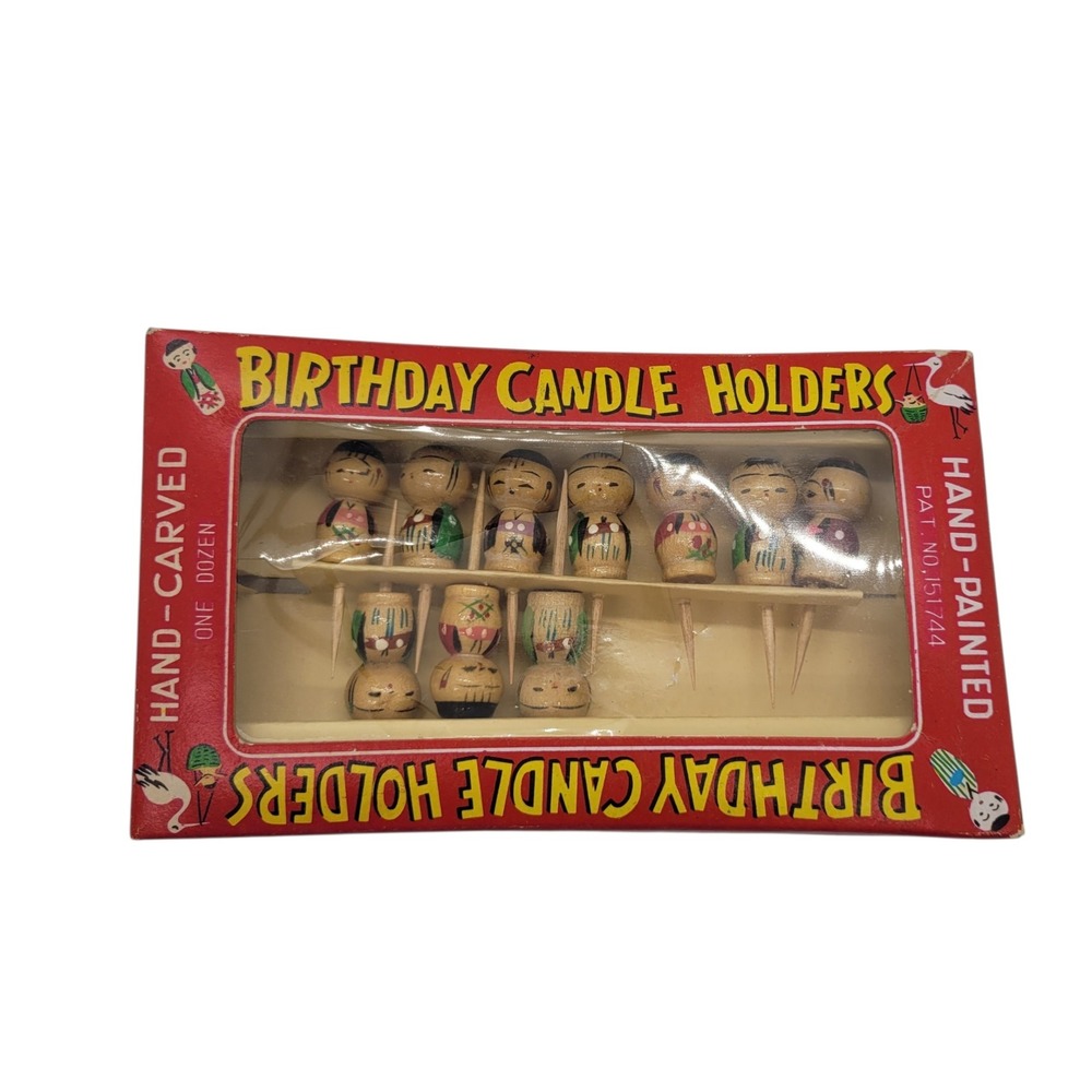 Vintage Hand Carved Painted Wooden Kokeshi Birthday Candle Holders Set of 10 Box